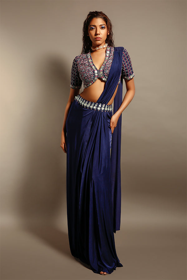 Blue Embellished Pre-Stitched Saree Set