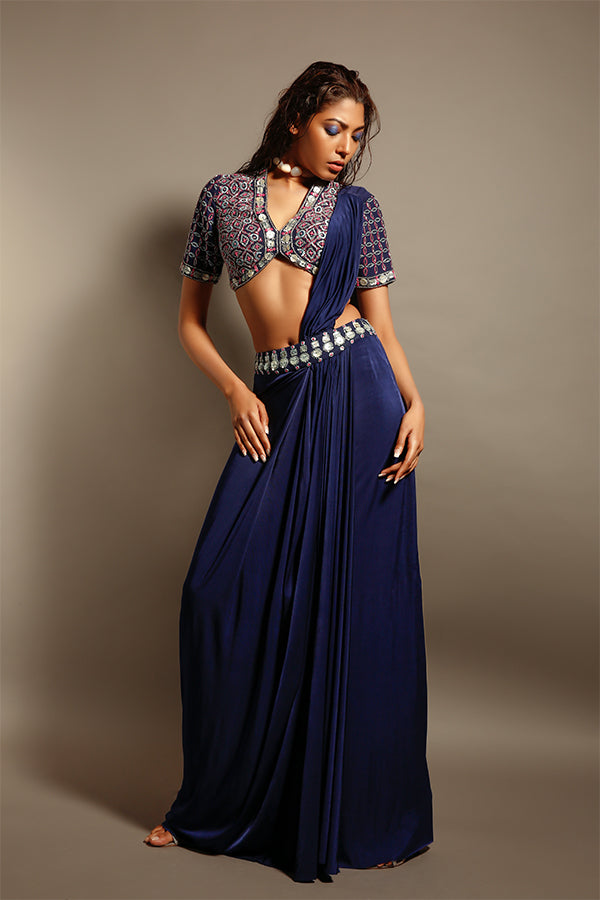 Blue Embellished Pre-Stitched Saree Set