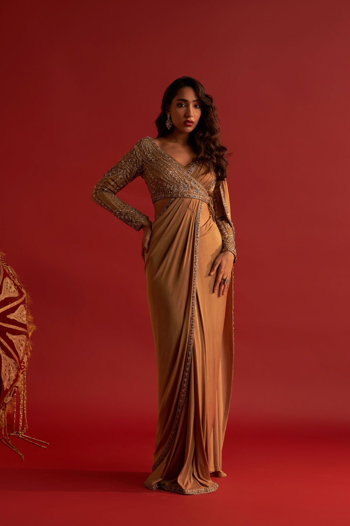 Caramel Gold Pre Stitched Saree